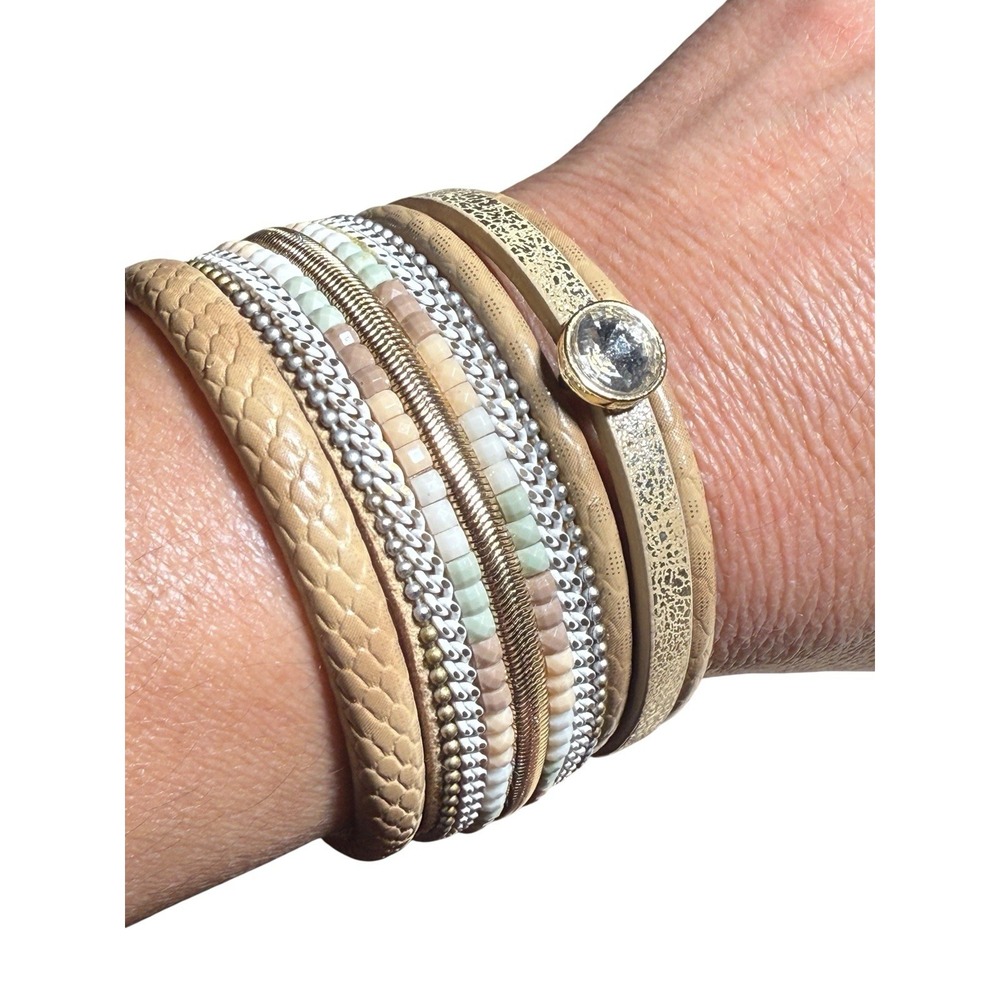 Boho Multi Strand Wrap Bracelet Tan Leather Rhinestone Magnetic Cuff 7"